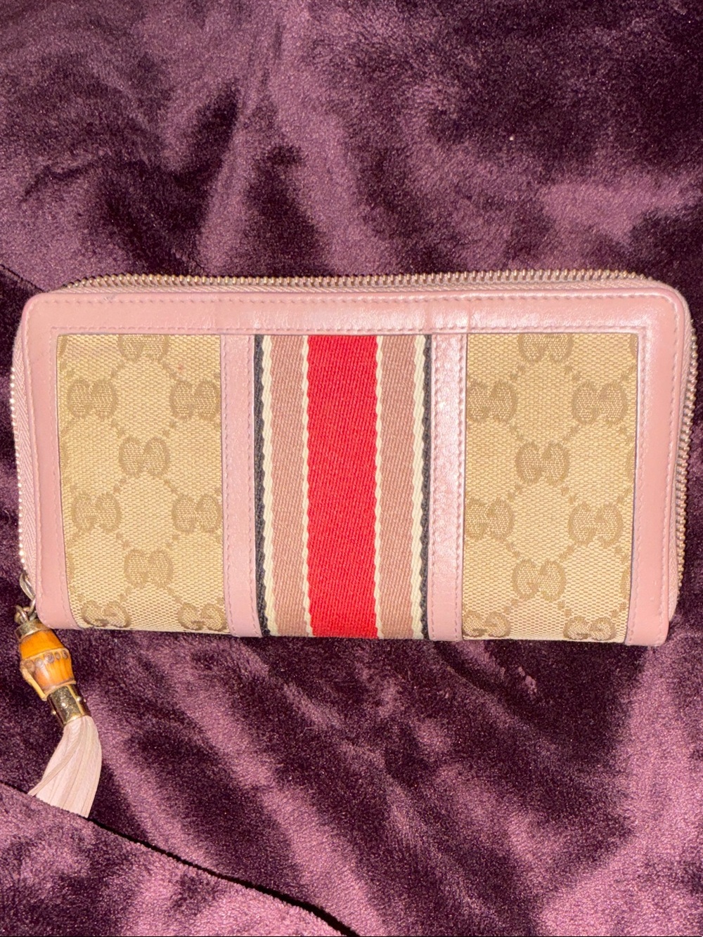 Gucci Pink Leather Trim GG Canvas Zip-Around Wallet with Red Stripe